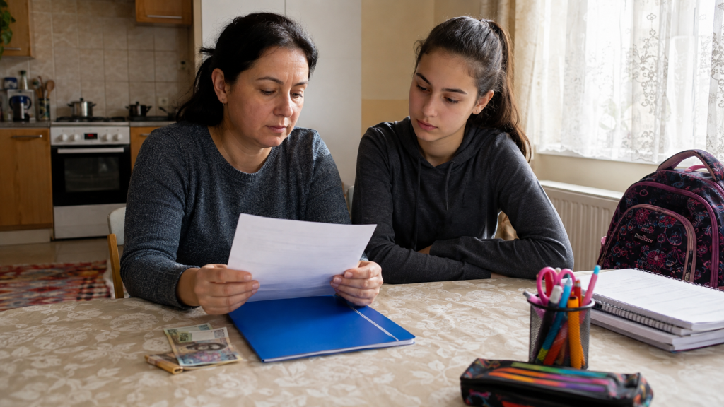 Mamă și elevă care pregătesc documentele necesare pentru obținerea unei burse școlare