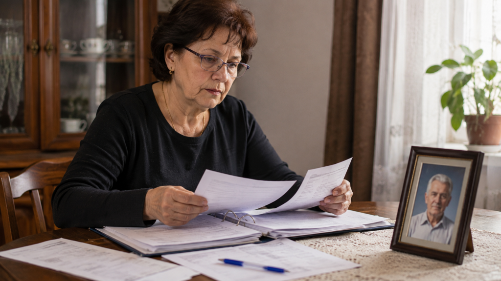 Femeie care verifică documentele necesare pentru obținerea banilor acordați după decesul unui pensionar
