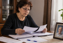 Femeie care verifică documentele necesare pentru obținerea banilor acordați după decesul unui pensionar