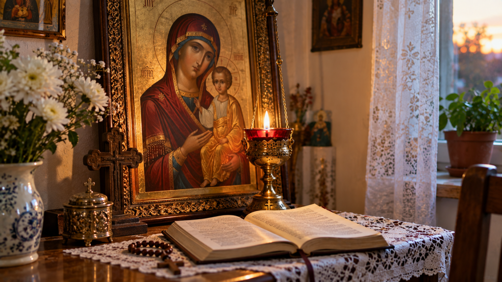 Icoană și candelă aprinsă pentru rugăciunea de ajutor în vreme de necaz