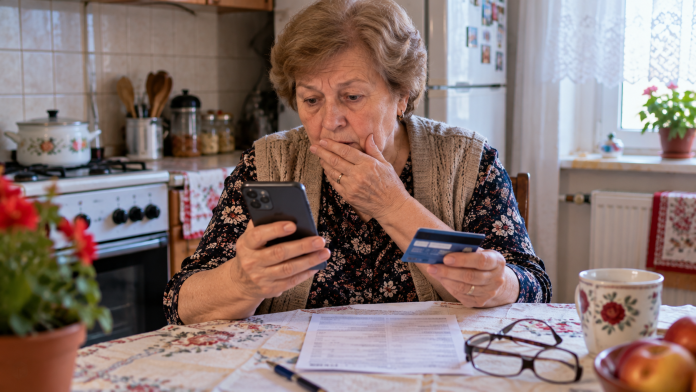 Pensionară verificând pe telefon dacă pensia din septembrie 2026 a intrat pe card