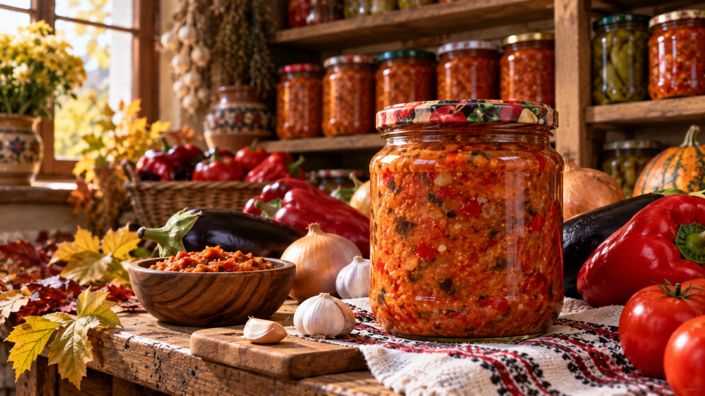 Borcan de zacuscă cu capac bombat, semn că alimentul nu trebuie consumat