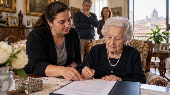 Prompt site 800×450: Fotografie jurnalistică ultra-realistă, interior elegant al unei locuințe italiene, femeie în vârstă de aproximativ 87 de ani așezată într-un fotoliu și îngrijitoare de aproximativ 44 de ani lângă ea, pe masă un document notarial și un stilou, atmosferă serioasă, naturală, sugestie discretă de familie în fundal fără dramatizare artificială, lumină naturală, fără text, fără watermark, fără colaj, 800×450. Badanta care a moștenit averea de 5 milioane de euro a unei baronese din Italia