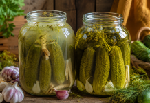 Borcan cu castraveți murați și saramură tulbure în timpul procesului de fermentare