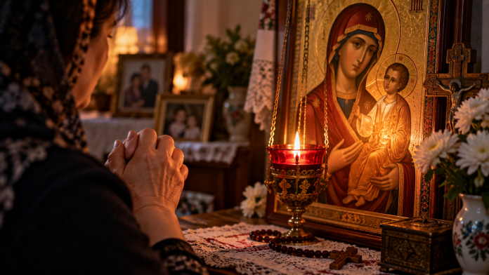 rugaciune-seara-ocrotirea-familiei.jpg Mâini împreunate la rugăciune lângă o icoană și o candelă aprinsă, într-o casă liniștită