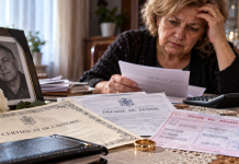 Pensia de urmaș după moartea soțului: cât poate primi soția, când se acordă pe viață și situația în care plata încetează Femeie văduvă care verifică decizia de pensionare și certificatul de căsătorie alături de fotografia soțului decedat.