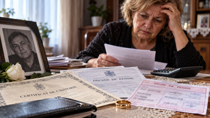 pensie-urmas-dupa-moartea-sotului.jpg Femeie văduvă care verifică decizia de pensionare și certificatul de căsătorie alături de fotografia soțului decedat.