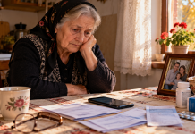Mamă în vârstă, singură la masa din bucătărie, cu facturi, medicamente și telefonul mobil în față, ilustrând dreptul părinților aflați în nevoie de a solicita întreținere de la copiii adulți.