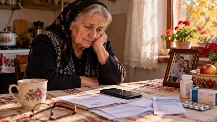 copii-nu-ajuta-parintii-batranete.jpg Mamă în vârstă, singură la masa din bucătărie, cu facturi, medicamente și telefonul mobil în față, ilustrând dreptul părinților aflați în nevoie de a solicita întreținere de la copiii adulți.