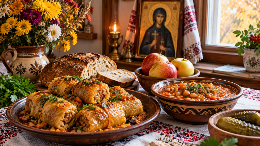Masă cu sarmale de post, legume, pâine și mere, cu icoana Sfintei Parascheva în fundal