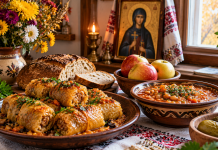Sfânta Parascheva, 14 octombrie! Alimentele pe care credincioșii care țin post le evită. Ce se pune pe masă Masă cu sarmale de post, legume, pâine și mere, cu icoana Sfintei Parascheva în fundal