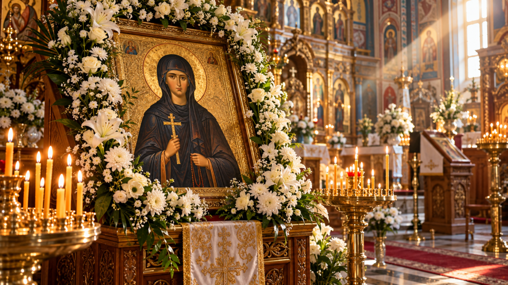 Icoana Sfintei Cuvioase Parascheva, împodobită cu flori albe, într-o biserică ortodoxă