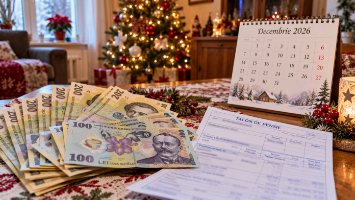 ajutor-pensionari-decembrie-2026-500-lei.jpg Bancnote românești de 100 și 200 de lei lângă un talon de pensie și un calendar cu luna decembrie 2026, ilustrând ajutorul financiar pentru pensionari.
