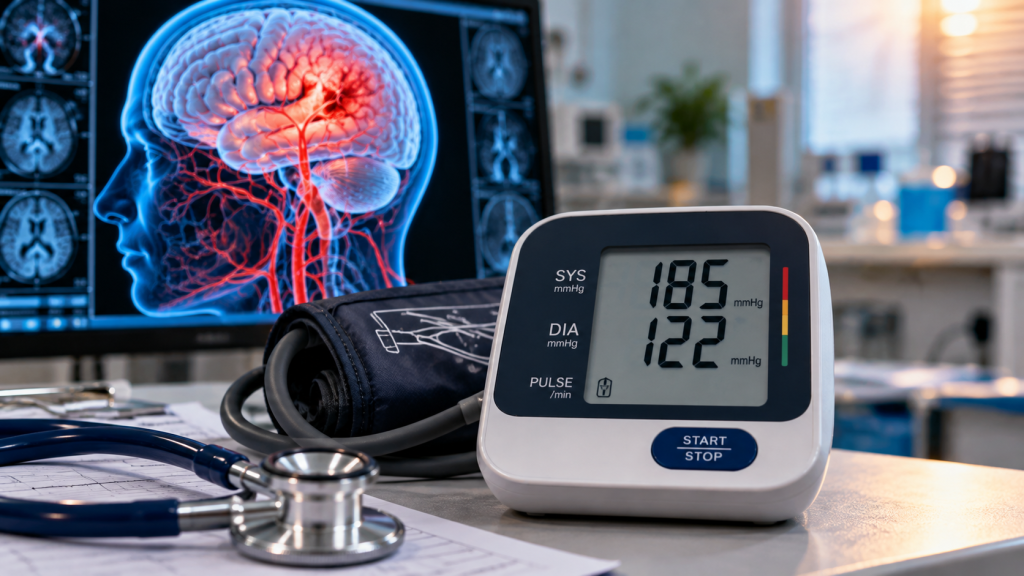 Tensiometru digital care indică o valoare foarte mare a tensiunii arteriale, lângă un stetoscop, ilustrând riscul cardiovascular și semnele de urgență.