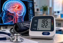 Tensiometru digital care indică o valoare foarte mare a tensiunii arteriale, lângă un stetoscop, ilustrând riscul cardiovascular și semnele de urgență.