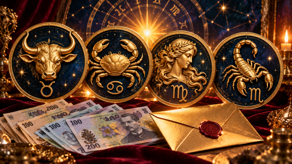 Simbolurile zodiacale Taur, Rac, Fecioară și Scorpion, alături de bancnote românești și un plic, într-o compoziție astrologică elegantă.