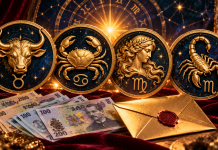 Horoscop 28 octombrie 2026. Patru zodii primesc vești care le pot schimba planurile. Pentru una dintre ele apar șanse de bani! Simbolurile zodiacale Taur, Rac, Fecioară și Scorpion, alături de bancnote românești și un plic, într-o compoziție astrologică elegantă.