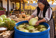 Varză murată la butoi, ca pe vremuri! Câtă sare se pune la un litru de apă și secretul pentru o varză crocantă, numai bună de sarmale Varză murată în butoi albastru alimentar, cu căpățâni întregi acoperite de saramură, hrean și mărar uscat, pregătită tradițional pentru sarmale