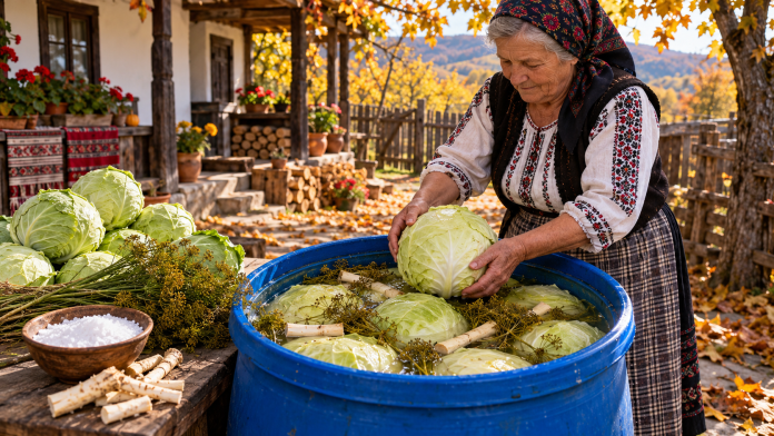 Varză murată în butoi albastru alimentar, cu căpățâni întregi acoperite de saramură, hrean și mărar uscat, pregătită tradițional pentru sarmale