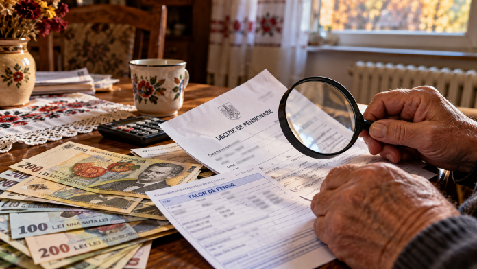 Talon de pensie românesc verificat cu o lupă, alături de bancnote în lei și o decizie de pensionare, ilustrând verificarea drepturilor și recalcularea pensiei.
