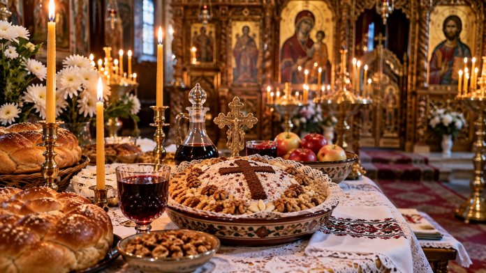 mosii-toamna-2026-pomana.jpg Colivă tradițională, colaci, vin și lumânări aprinse la o biserică ortodoxă românească, pregătite pentru Moșii de toamnă din 7 noiembrie 2026.