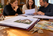 Acte de moștenire, chei de casă și bancnote românești pe o masă, ilustrând împărțirea averii tatălui între soția supraviețuitoare și copiii din prima căsătorie.