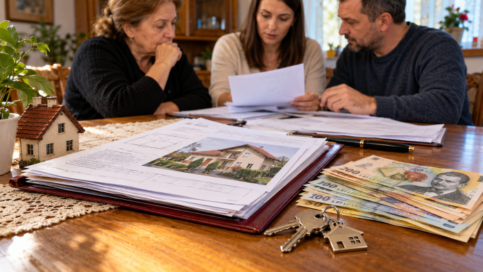 mostenire-tata-sotie-copii.jpg Acte de moștenire, chei de casă și bancnote românești pe o masă, ilustrând împărțirea averii tatălui între soția supraviețuitoare și copiii din prima căsătorie.