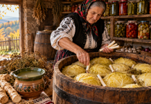 Cum să menții limpede zeama de varză murată până la primăvară. Ingredientul de câțiva lei pe care gospodinele îl pun după o săptămână Gospodină care adaugă bucăți de hrean într-un butoi cu varză murată pentru păstrarea gustului și texturii pe timpul iernii.