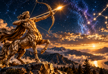 Simbolul zodiacal al Săgetătorului, reprezentat printr-un arcaș auriu sub cerul înstelat, într-o compoziție astrologică pentru anul 2027.