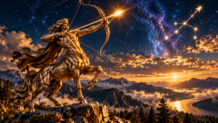 horoscop-sagetator-2027.jpg Simbolul zodiacal al Săgetătorului, reprezentat printr-un arcaș auriu sub cerul înstelat, într-o compoziție astrologică pentru anul 2027.