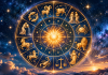 Horoscop de Sfânta Parascheva, 14 octombrie 2026. Patru zodii au noroc cu carul! Bucuriile și șansele mari apar când se așteaptă mai puțin Roată zodiacală pe un fundal albastru cu stele și lumină caldă
