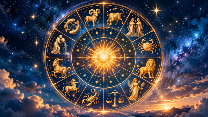 horoscop-14-octombrie.jpg Roată zodiacală pe un fundal albastru cu stele și lumină caldă