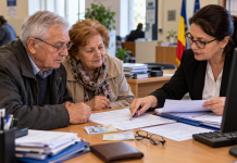 Pensionari români trecuți de 60 de ani verificând documente și informații despre ajutoare sociale, reduceri și drepturi legale.