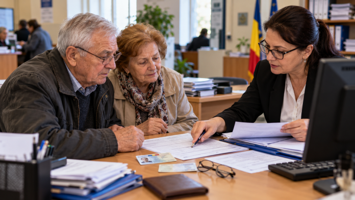 Pensionari români trecuți de 60 de ani verificând documente și informații despre ajutoare sociale, reduceri și drepturi legale.