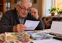 Pensionar român verificând talonul de pensie și bancnotele primite, într-o imagine despre posibila eliminare a contribuției CASS din 2028.