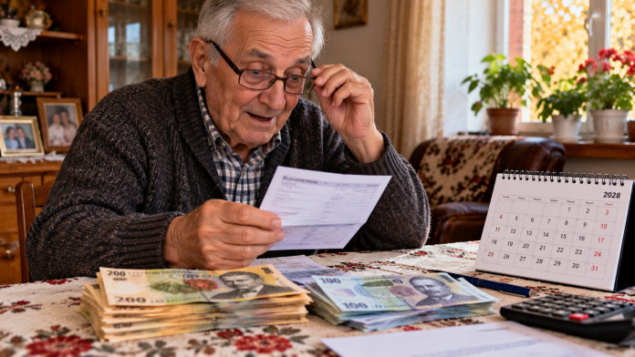 eliminare-cass-pensii-2028.jpg Pensionar român verificând talonul de pensie și bancnotele primite, într-o imagine despre posibila eliminare a contribuției CASS din 2028.