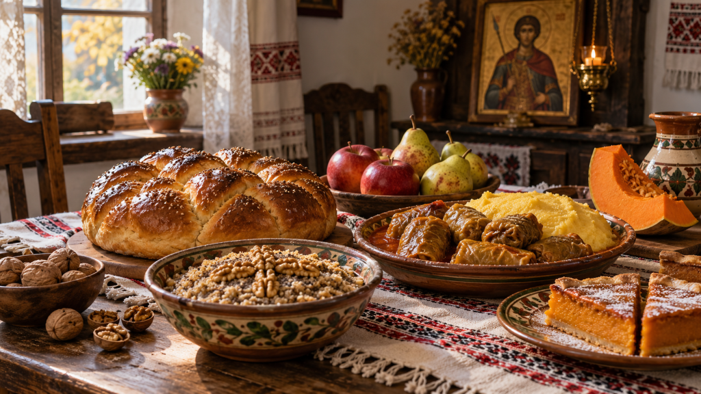 Colaci, colivă, sarmale, fructe și alte alimente pregătite pentru pomana de Sfântul Dumitru
