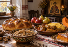 Colaci, colivă, sarmale, fructe și alte alimente pregătite pentru pomana de Sfântul Dumitru