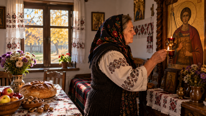 femei-sfantul-dumitru.jpg Femeie care aprinde candela de Sfântul Dumitru, potrivit obiceiurilor păstrate în familie