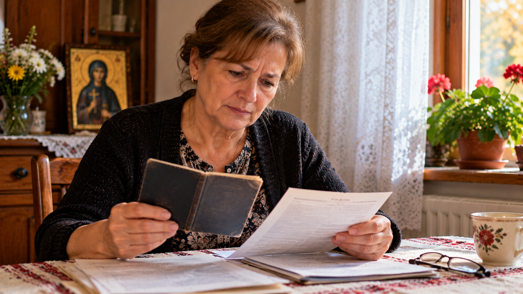 Femeie în apropierea vârstei de pensionare verificând documente de muncă și acte pentru pensie