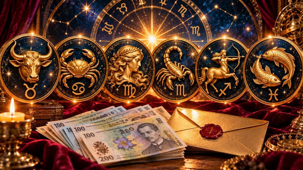Cele șase zodii favorizate în noiembrie 2026, Taur, Rac, Fecioară, Scorpion, Săgetător și Pești, reprezentate prin simboluri aurii, alături de bancnote românești