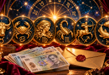 6 zodii primesc răsplata Universului în noiembrie 2026! După ani de sacrificii și necazuri, se deschid porțile norocului Cele șase zodii favorizate în noiembrie 2026, Taur, Rac, Fecioară, Scorpion, Săgetător și Pești, reprezentate prin simboluri aurii, alături de bancnote românești