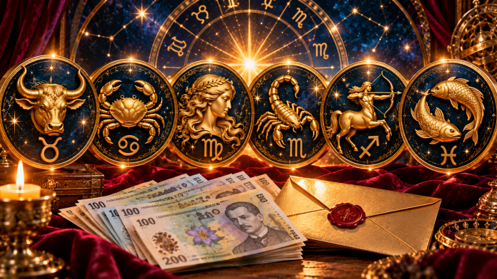 sase-zodii-rasplata-noiembrie-2026.jpg Cele șase zodii favorizate în noiembrie 2026, Taur, Rac, Fecioară, Scorpion, Săgetător și Pești, reprezentate prin simboluri aurii, alături de bancnote românești