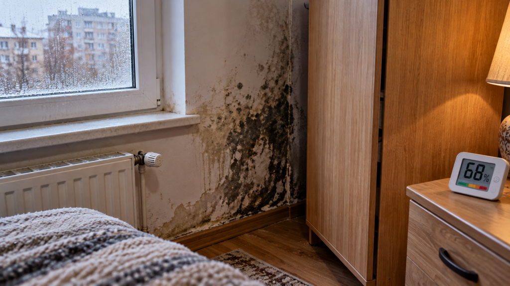 Mucegai negru apărut în colțul unui perete din dormitor, lângă fereastră, din cauza umezelii și condensului în sezonul rece.