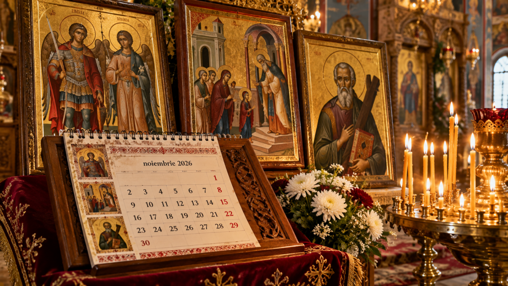 Calendar ortodox pentru noiembrie 2026, ilustrat cu icoanele Sfinților Arhangheli Mihail și Gavriil, Maicii Domnului și Sfântului Apostol Andrei.