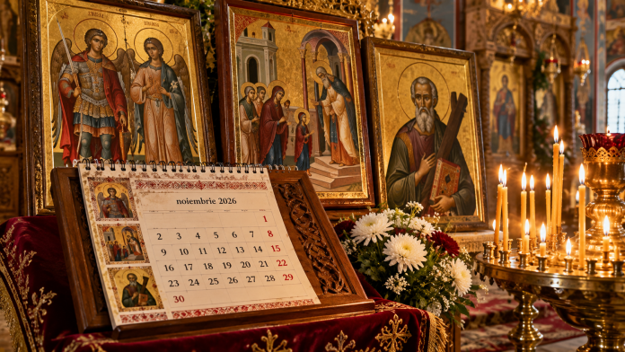 calendar-ortodox-noiembrie-2026.jpg Calendar ortodox pentru noiembrie 2026, ilustrat cu icoanele Sfinților Arhangheli Mihail și Gavriil, Maicii Domnului și Sfântului Apostol Andrei.