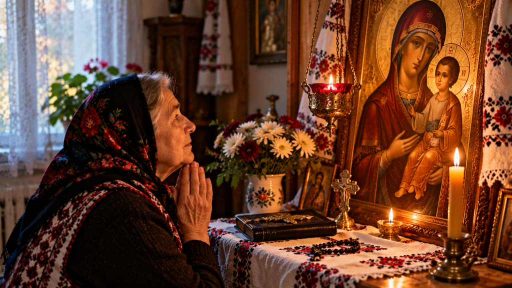 Mamă în vârstă rugându-se în fața icoanei Maicii Domnului pentru sănătatea și ocrotirea copiilor săi.