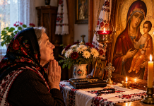 Mamă în vârstă rugându-se în fața icoanei Maicii Domnului pentru sănătatea și ocrotirea copiilor săi.