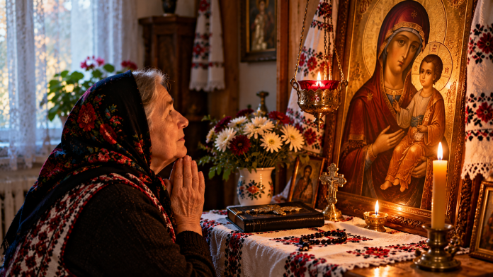 rugaciunea-mamei-pentru-copii.jpg Mamă în vârstă rugându-se în fața icoanei Maicii Domnului pentru sănătatea și ocrotirea copiilor săi.