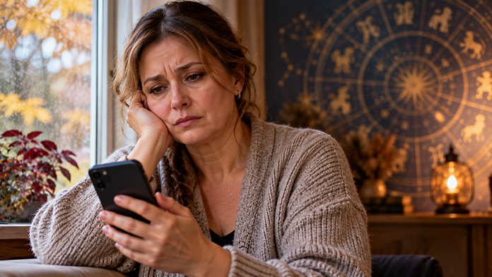 zodie-cumpana-octombrie.jpg Femeie matură îngândurată, ținând un telefon în mână, cu simboluri zodiacale discrete în fundal